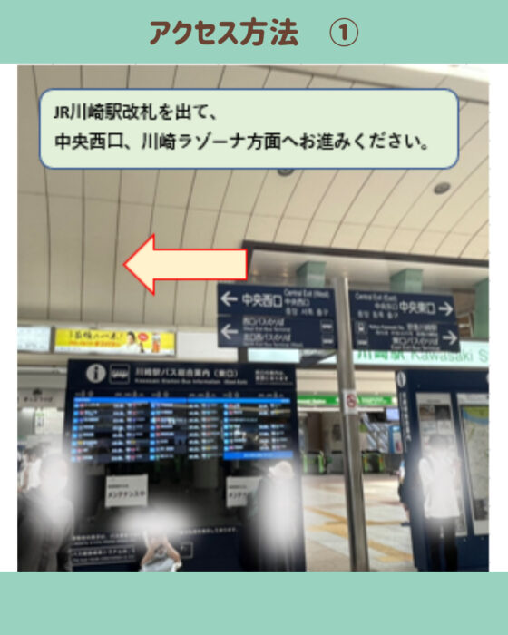 JR川崎駅改札を出て、中央西口、川崎ラゾーナ方面へお進みください。